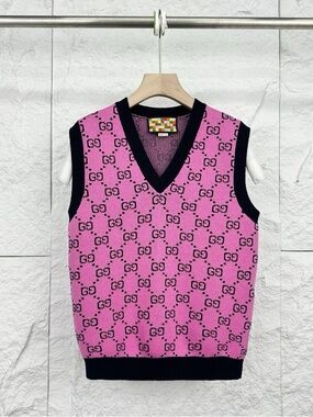 Gucci Pink V-Neck Logo Knit Vest with Black Trim